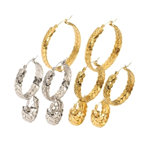 Wheat ear textured 18K gold and silver plated stainless steel hoop earrings set