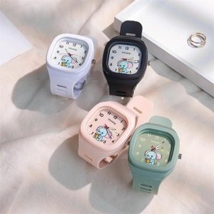 Close-up of cute cartoon quartz watches with silicone straps and elephant dials