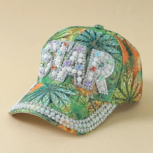 Tropical palm print baseball hat with pearl and rhinestone STAR embroidery design
