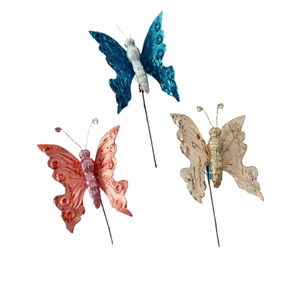 Set of 3 layered hollow butterfly Christmas floral picks in blue, pink, and champagne gold
