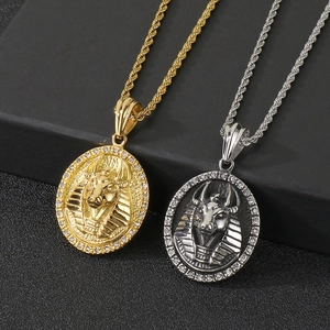 Collier Pendentif Anubis Égyptien Acier Inoxydable Strass Bijoux Vintage Punk Hip Hop Pour Hommes