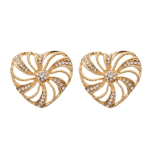 Elegant gold hollow windmill heart stud earrings with sparkling crystals for women