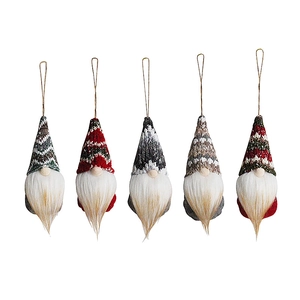 Set of 5 Christmas gnome hanging decorations with knitted hats and white faux fur beards