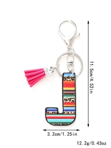 Detailed size and weight specs for letter J keychain with leopard and serape patterns