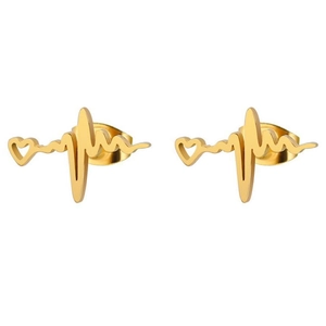 Golden heart pulse stainless steel stud earrings with heartbeat line design on white background