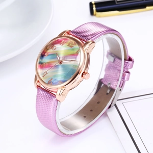 Rainbow dial quartz watch with rose gold case and purple snake pattern leather strap