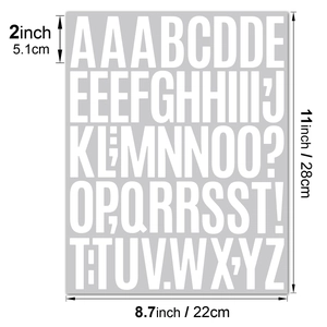 Detail of 2-inch white waterproof vinyl alphabet stickers showing exact dimensions