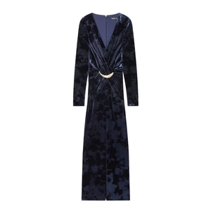 Abito Maxi In Velluto Da Donna Scollo A V Maniche Lunghe Vestibilità Slim Vintage Con Fibbia A Mezzaluna Dorata Blu Scuro