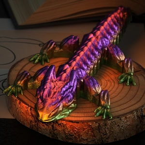 3D printed articulated crystal dragon model with metallic purple gold green gradient finish