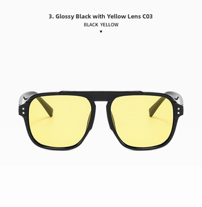 Detailed close-up of glossy black frame sunglasses with vibrant yellow lenses