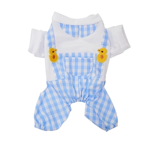Detailed close-up of blue and white checkered pet jumpsuit with yellow duck embroidery