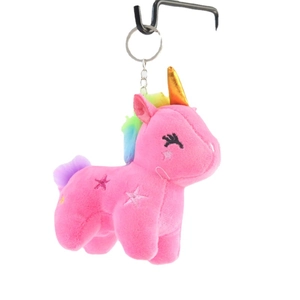 Portachiavi unicorno di peluche rosa con corno dorato e criniera arcobaleno