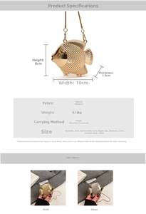 Detailed size chart for the fish-shaped mini metal bag with chain strap and dimensions