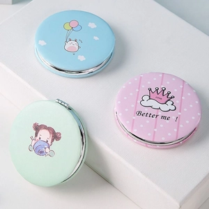 Portable double-sided round folding makeup mirrors in blue, green and pink pastel colors