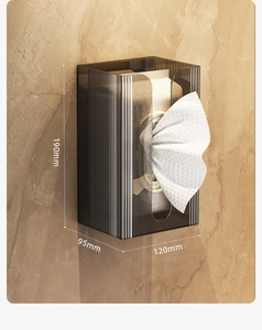 Grey acrylic wall tissue box with vertical stripes showing 190x120x95mm dimensions