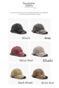 Detail view of washed cotton baseball caps showing distressed edges and various vintage colors