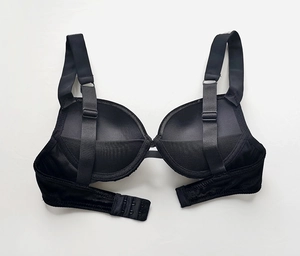 Detailed back view of velvet bra showing thick cups, wide straps, and 3-row hook closure