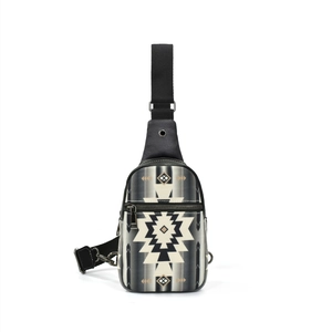 Detail of ethnic geometric pattern fabric and leather trim on adjustable crossbody bag