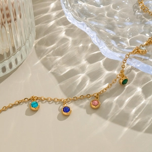 18K gold-plated stainless steel bracelet with multi-colored round zircon pendants