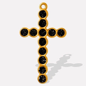 Detailed close-up of golden stainless steel cross pendant with inlaid black crystals