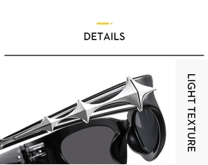 Macro shot of black sunglasses temples with silver star metal ornaments on white background