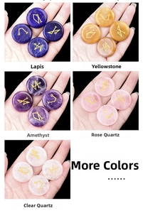 Set of five natural carved rune stones including lapis, amethyst and quartz crystals