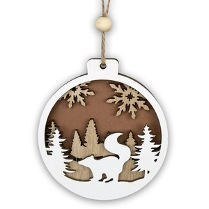 Detail of wooden Christmas ornament with fox and cedar cutout design and twine rope