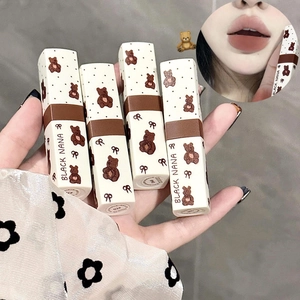 Detailed view of cute bear theme matte lipsticks showing packaging and lip application