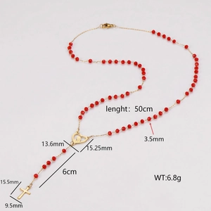 304 stainless steel necklace with red beads, cross and heart charms with dimensions info