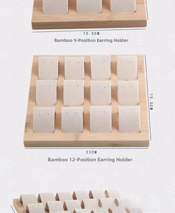 Bamboo 36-slot earring display stand with clear size markings and wood texture