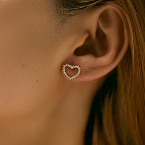 Minimalist 18K gold-plated brass heart stud earrings with sparkling pavé cubic zirconia