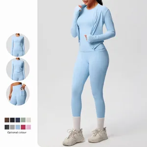 Women 3 Piece Yoga Set Solid Color Long Sleeve Jacket Top And Bottom High Waist Pocket Leggings Tight Sportswear