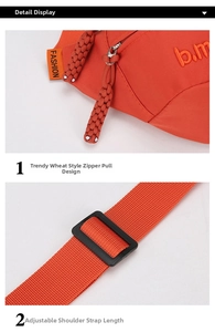 Detail of orange nylon bag featuring braided zipper pull and adjustable shoulder strap