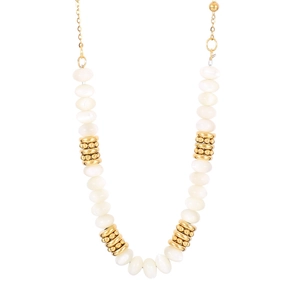 Fashionable gold-plated stainless steel necklace with white pearls and textured gold beads