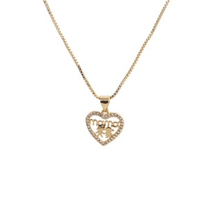 Close-up of heart necklace in gold with mama lettering and zircon accents