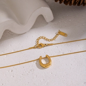 Macro shot of 18K gold plated U-shaped horseshoe pendant on stainless steel snake chain