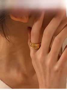 Detail of 18K gold-plated multi-layer ring featuring beaded and smooth textured bands