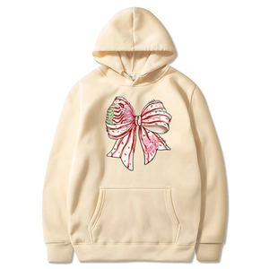 Beige Christmas hoodie with bow graphic and 'OH Christmas Tree' print for couples