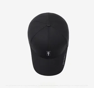 Detailed top view of a black cotton baseball cap showing Narason embroidery and logo