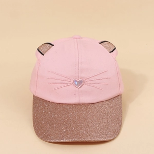 Pink girl's cat baseball cap with sparkling sequined brim and cute 3D cat ears detail