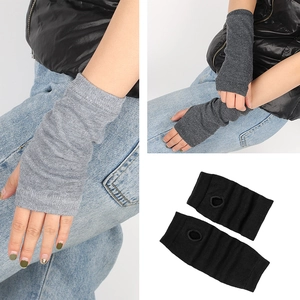 Striped knit fingerless arm warmers in black and grey for kids fashion and cosplay