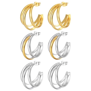 Three pairs of C-shaped stainless steel hoop earrings in gold, silver, and bicolor finish