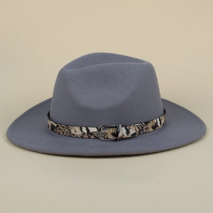 Detail of grey wool fedora hat featuring a leopard print belt strap and silver buckle