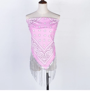Close-up of pink paisley bandana crop top featuring shimmering silver fringe details