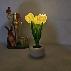 LED tulip night light with yellow faux flowers and white ceramic base for bedroom decor