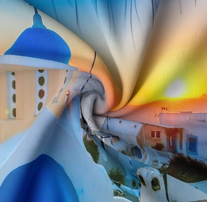 Macro detail of the high-definition digital print fabric with Santorini sunset landscape