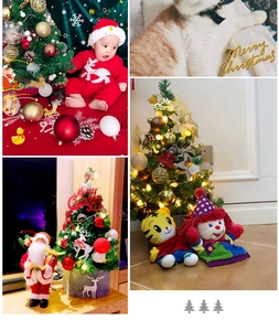 Detailed collage of 60cm Christmas tree decor, baby Santa suit, and festive plush toys