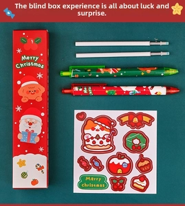 5-piece Christmas stationery blind box set with red and green pens and holiday stickers