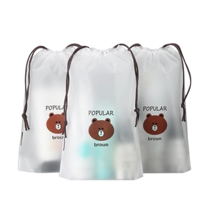 Three-piece set of frosted drawstring travel bags with cute bear prints for clothing
