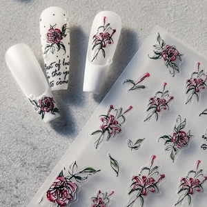 Autocollants d'ongles fins semi-transparents avec motifs de roses rouges et de lys élégants